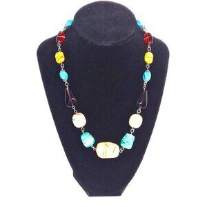 WOMEN'S EARTH STONE BEIGE, BROWN,TURQUOISE, AMBER & YELLOW BEADED LINK NECKLACE